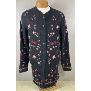 Vtg JILLIAN JONE  Floral Embroidered Sweater Womens Size L Black Wool Longline